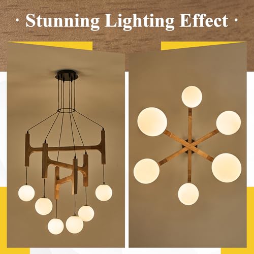 Farmhouse L28 '' Wooden Chandeliers with Milk Glass Globes Lampshades, Rustic Oak Mid Century Long Pendant Chandelier Light Fixture 6-Light for Foyer Living Dining Room Bedroom Kitchen,G9 - color: Golden Oak, size: L28 inches