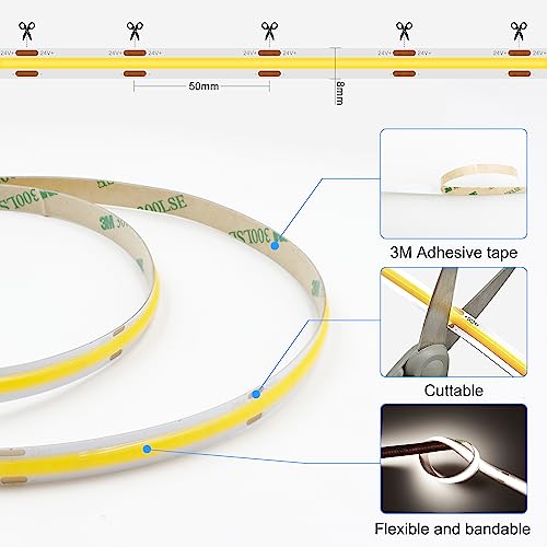 AXMOTUT COB LED Strip Light with Remote, Dimmable 16.4FT/5M Flexible High Density LED Light,4000K Natural White 2400LEDs Super Bright LED Light Strip CRI 90+ for Bedroom,Kitchen,DIY Home Decoration - color: Natural White 4000K, size: 16.4FT