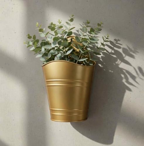 Hosley Set of 2 Gold Wall Planter with PVC Linner 6.25" L x 4" W x 10" H, Ideal Gift for Floral Arrangements Wedding Home Office Party DIY Indoor Outdoor Garden Patio - color: Gold