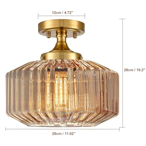 Flush Mount Light Fixture 11.02" Farmhouse 1 Light Ceiling Fixture with Amber Striped Hand Blown Glass Shade, E26 Base for Kitchen, Dining Room, Hallway - color: Amber