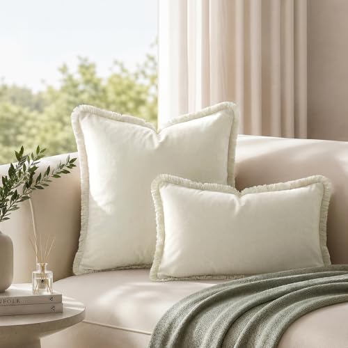 HOMEIDEAS Ivory Cream Velvet Throw Pillow Covers 24x24 Set of 2, Luxury Decorative Pillow Covers with Short Fringe Tassels, Modern Farmhouse Boho Cushion Covers for Sofa Couch Bed Neutral Home Decor - color: Cream, size: 24" x 24" (Pack of 2)