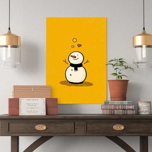 JDBeehpy Christmas Wall Art Cheerful Cute Snowman with Scarf Painting Yellow Poster Playful Winter Frame Canvas Print Home Decor Mural for Kids' Gifts 08x12inch(20x30cm) - color: Snowman Frame, size: 12L" x 8W"