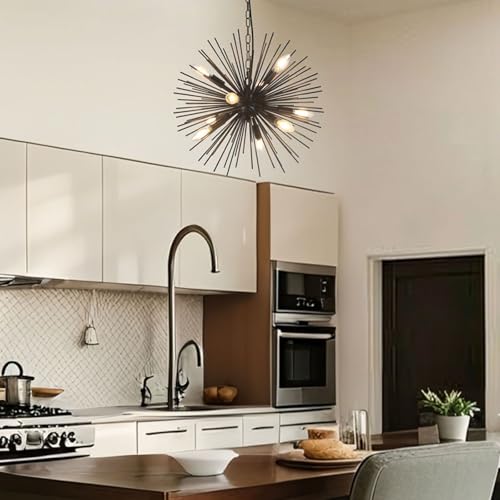 20" Black Sputnik Chandelier Vintage 9-Light Modern Starburst Chandelier Light Fixture Solid Metal Black Satellite Sputnik Chandeliers for Dining Room, Kitchen, Bedroom, Living Room, Foyer - color: Black 20" 9-Light