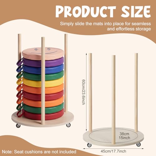 Mobile Floor Cushion Storage Cart for 15 Inch Round Sit Mats, Solid Wood Organizer with Smooth Rolling Casters, Classroom Flexible Seating Tidy Trolley for Daycare Preschool Home