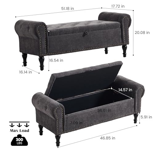 51" Storage Bench for Bedroom, Chenille End of Bed Bench, Queen Size Bench with Rolled Arms, Tufted Storage Ottoman Benches, Upholstered Bench for Bedroom, Living Room, Entryway, Dark Grey - color: Dark Grey, size: 51inch-Chenille