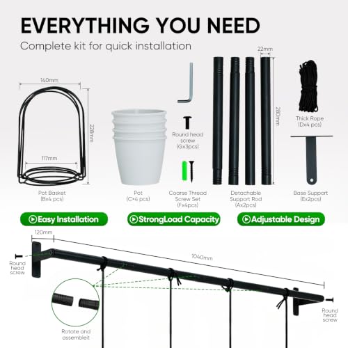 Hanging Planters for Indoor Plants with 4 Pots, Adjustable Window Plant Rod, Space-Saving Herb Garden Holder for Wall or Ceiling Mount (40in-4 Hanging basins)
