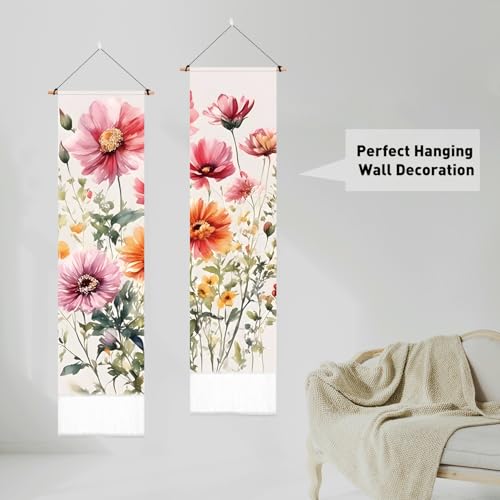 PLIGREAT 2 Pack Colorful Watercolor Flowers Tapestry Vertical Wall Hanging with Tassels Vintage Wildflower Aesthetic Wall Tapestry for Bedroom Living Room Dormitory Backdrop Home Art Decor - color: pink,orange