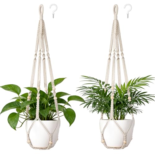 Dahey Macrame Plant Hanger Set of 2 Indoor Outdoor Hanging Planter with Wood Beads Decorative and 2 Hooks Flower Pot Plant Holder No Tassels for Boho Home Decor, 35 Inch, Ivory(Pots Not Included)