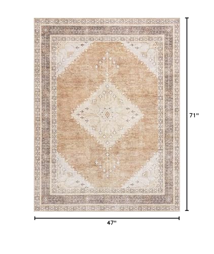 Hauteloom Ferdinand Living Room, Bedroom Machine Washable Area Rug - Farmhouse - Light Brown, Dark Brown, Light Blue - 3'11" x 5'11" - size: 3'11" x 5'11" (Rectangular)