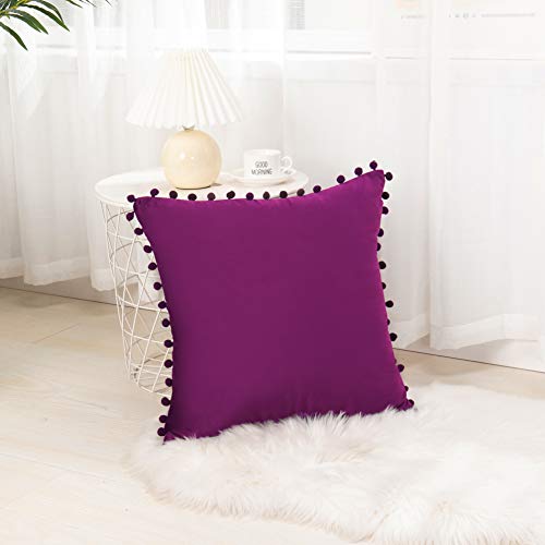 Elegant Comfort POM-POMS Fringe Velvet Cushion Covers Set of 2, Velvet Soft Solid Decorative Square Throw Pillow Covers Set Cushion Case for Couch Bed, Livingroom 18 x 18 Inch (45 x 45 cm), Purple - color: Eggplant/Purple, size: 18" x 18" (Pack of 2)
