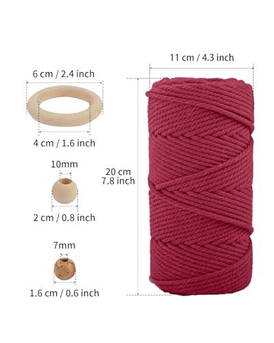 Macrame Cotton Cord 6mm x 109 Yards, ZUEXT 100% Natural Handmade Colorful 4 Strands Twisted Braided Cotton Rope for Wall Hanging Plant Hangers Gift Wrapping Tapestry DIY Crafts (100m, Red Wine) - color: Red Wine, style: 6mm x 100m