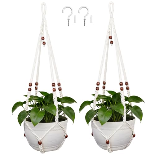 Macrame Plant Hangers for Indoor Plants, 2 Pack 35 Inch Cotton Rope Hanging Planter Holders with Floral-Patterned Beads and Hooks, Fits 4-15 Inch Pots, Ivory - color: Ivory