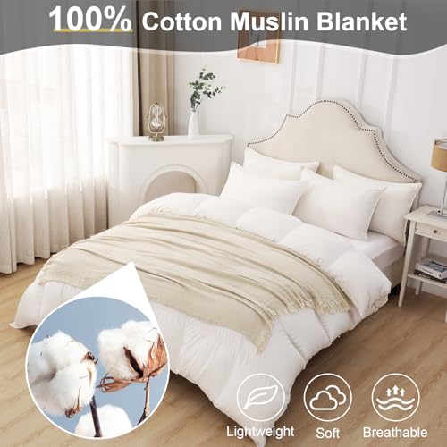 Cotton Muslin Throw Blanket with Tassels, Lightweight Woven Gauze, Pre-Washed Breathable Farmhouse Decor for Bed, Couch, All-Season Use (Beige, 50" x 60") - color: Beige, size: 50" x 60"
