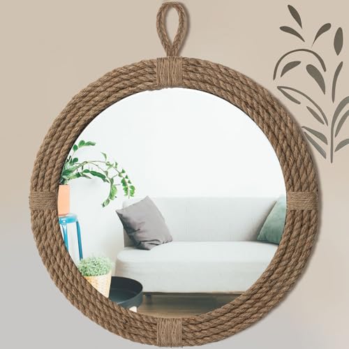 Vercraft Nautical Mirror 24 Wall Decor with Rope Wrapped Trim and Hanging Loop Round Circle Coastal Boho Mirror Nautical Rustic Decorative for The Living Room, Bedroom Bathroom and Entryway - color: Brown, size: 24"L x 24"W, style: Vintage