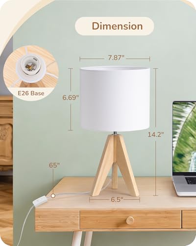 EDISHINE Small Cute Table Lamp, Wood Tripod Nightstand Lamp, Mid Century Bedside Lamp with Linen Fabric Shade for Nursery, Living Room, Bedroom, End Table, UL Listed, 14.2 Inch, ON/Off Switch - style: Art Deco