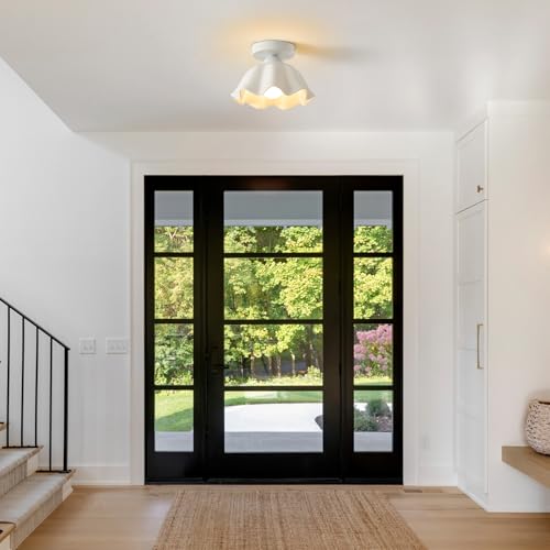 2 Pack Semi Flush Mount Ceiling Light - Flower Glaze Ceramic, White Vintage Hallway Light Fixtures, Milk Glass Ceiling Lights, Mid Century Small Light Fixture for Cottage Entryway Laundry Room Foyer - color: Glaze Flower Ceramic-White