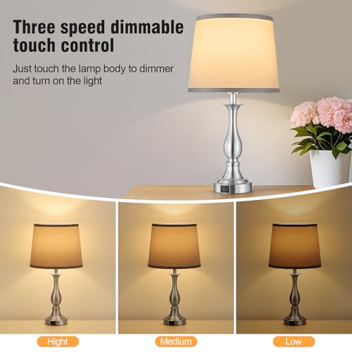 Bedside Table Lamp Touch Control Bedroom Lamps with USB A + C Charging Port 3 Way Dimmable Touch Lamps for Nightstand Living Room Bedroom Dorm Home Office Reading, Set of 2 (Grey Shade & Nickel Base) - color: Grey Shade & Nickel Base