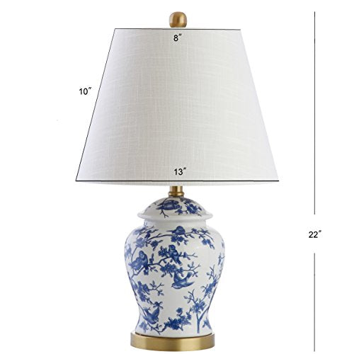 JONATHAN Y 22" Blue/White Ceramic Table Lamp, French Country Chinoiserie Ginger Jar LED Bedside Lamp for Living Room Bedroom, White Linen Shade, JYL3005A - color: Blue/White, size: Set of 1