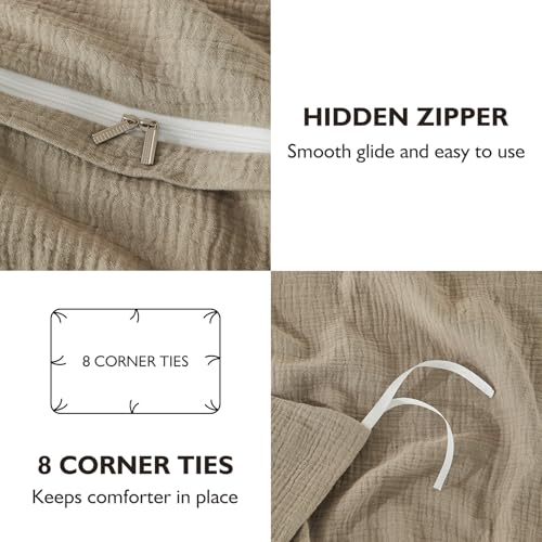 EMME Muslin Cotton Duvet Cover Set Khaki King Size Linen Like Soft Breathable Lightweight Summer Comforter Cover Set with Zipper Closure (Khaki, King, 104"x90") - color: 09 - Khaki, size: King(104"×90")