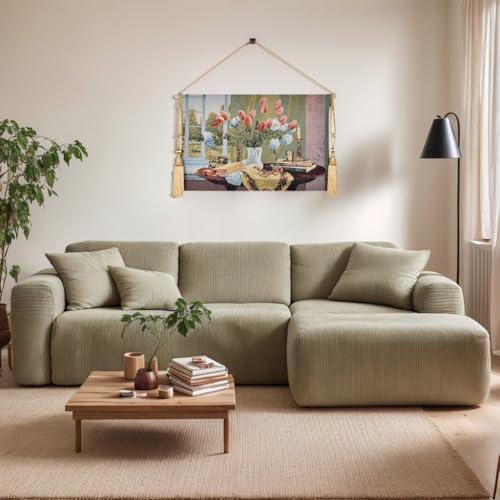 AureoMadis Vintage Floral Tapestry Wall Hanging Set with Telescopic Rod & Tassels - Jacquard Woven Fabric Aesthetic Flower Wall Tapestries for Bedroom/Living Room Decor Spring Botanical Art (42"x27") - color: Pastel - toned, flowers on a table scene