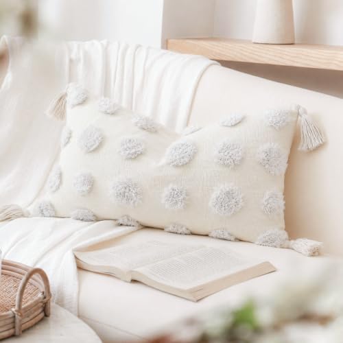 PANOD Super Soft Farmhouse Decorative Plush Throw Pillow Covers 12 x 20 White,Solid Pom pom Tufted with Tassels Modern Accent Boho Lumbar Cushion Cover Pillow Case for Couch Sofa - color: White, size: 20" x 12" (Pack of 1)