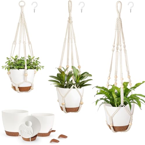Mkono 3 Pack Hanging Planters for Indoor Plants with Self Watering, Outdoor Hanging Plant Pots with 35"/29"/23" Macrame Plant Hangers, 2 Types of Hanging Baskets for Garden Home Decor - color: Ivory