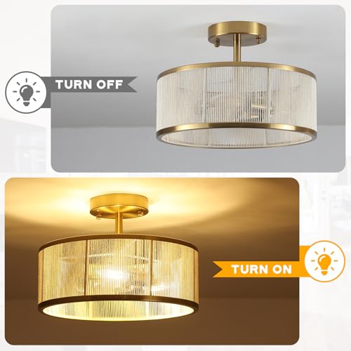 Modern Semi Flush Mount Ceiling Light, 3 Light Gold Ceiling Light with Rope Shade, Drum Light Fixture for Kitchen Bedroom Dining Room Hallway Entryway - color: Gold