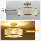 Modern Semi Flush Mount Ceiling Light, 3 Light Gold Ceiling Light with Rope Shade, Drum Light Fixture for Kitchen Bedroom Dining Room Hallway Entryway - color: Gold