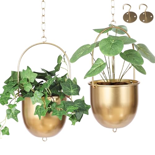 Shineloha 2 Pack Metal Hanging Planters for Indoor Outdoor, with 5.5 Pot, Gold Hanging Planters | Gold Plant Hanger, Brass Plant Hangers. NO Plant incld (Small, 2 Packs) - color: Gold, size: Medium