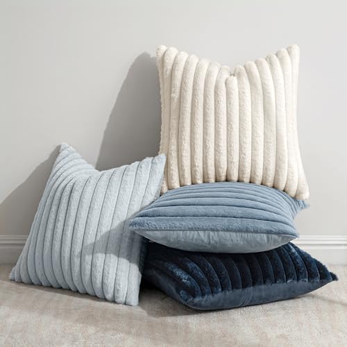MIULEE Faux Fur Plush Decorative Throw Pillow Covers 18x18 Set of 4, Summer Modern Soft Fuzzy Coastal Striped Cushion Covers for Sofa Couch Bed Living Room Cozy Home Decor,Navy Blue - color: Navy Blue, size: 18" x 18" (Pack of 4)