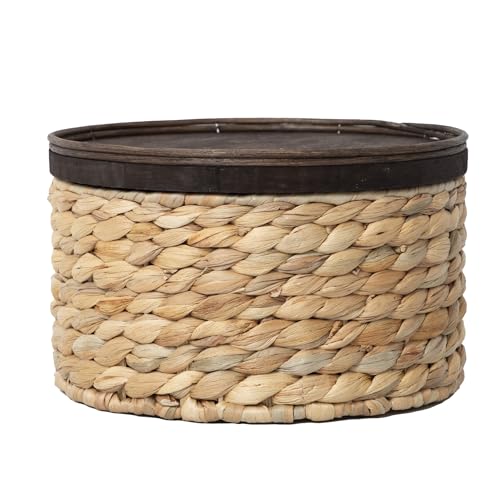 Water Hyacinth Storage Basket with Wooden Lid, 10.2" D x 5.1" H Handwoven Round Organizer for Shelf, Closet & Pantry (Medium) - size: Medium