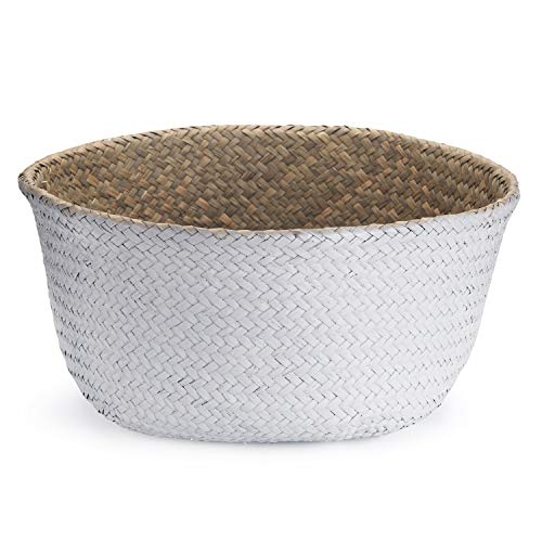 Seagrass Plant Basket with Handles, Natural Woven Storage Baskets (White M (8.3" D x 9" H)) - color: White, size: M (8.3" D x 9" H)