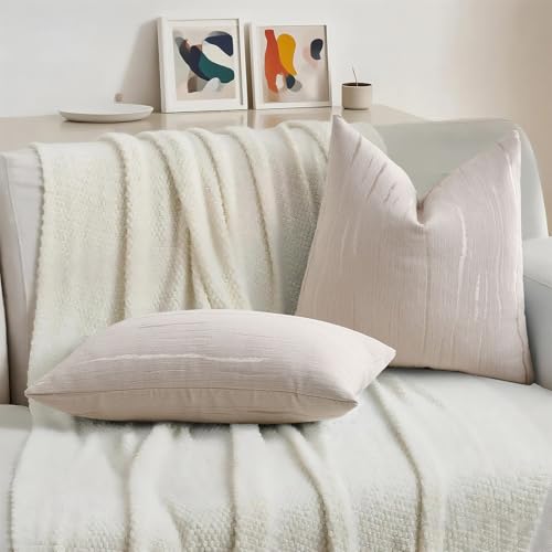 HAUSSY Pack of 2 Pillow Covers 16x16 Inch, Boho Embossed Decorative Throw Pillows Soft Striped Textured Cushion Covers Home Decor Patten Pillowcases for Couch Living Room Sofa Bed, Beige (Covers Only) - color: Beige, size: 16" x 16" (Pack of 2)