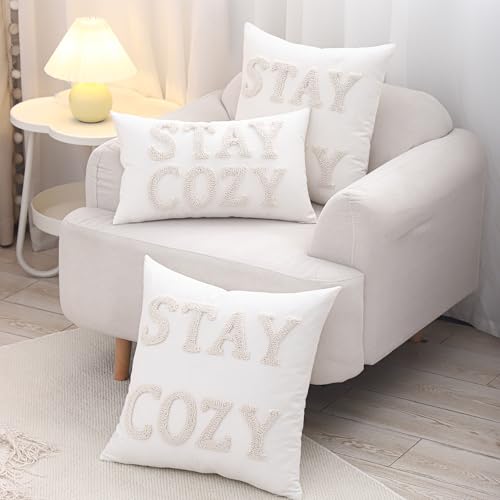 LUOYEHK Embroidered Stay Cozy Pillow Covers 20x20 Inch Set of 2 Decorative Throw Pillow Covers Natural Farmhouse White Square Pillow Cases Cushion Covers for Couch Bed Living Room Home Spring Decor - color: Stay Cozy, size: 20" x 20" (Pack of 2)