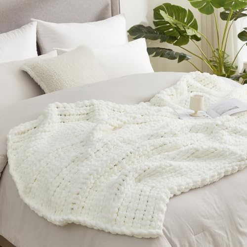 Amélie Home Chunky Knit Throw Blanket for Couch, Soft Chenille Handmade Crochet Throw Rope Knit Blanket for Bed, 40"x50", Ivory - color: Ivory, size: 40"x50"