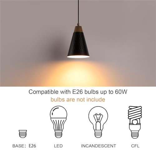 Dijiahua Black Kitchen Pendant Lighting Over Island 3 Pack,Small Modern Farmhouse Chandeliers with Hammered Metal Cone Shade,Mini Industrial Adjustable Cord Hanging Ceiling Lamp Fixtures Over Sink - color: Black and Wood