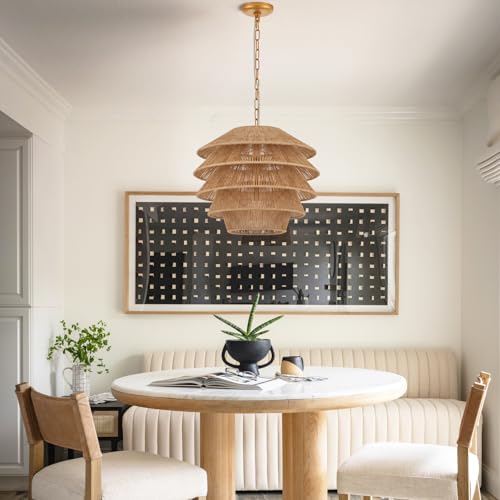 18” Boho Pendant Light Hand Woven Adjustable Brass Coastal Chandelier for Kitchen Island Dining Living Room Entryway Foyer, UL Listed