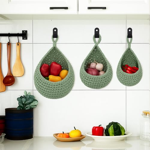 Honeydak Boho Decor Hanging Wall Baskets for Kitchen 3 Pack Teardrop Baskets with Hooks Storage Fruit Onion Vegetable Potato for Home 3 Sizes - color: Sage Green, size: Cotton Rope, style: Teardrop
