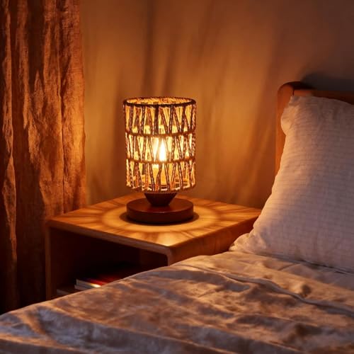 Handmade Rattan Lamp Farmhouse Table Lamp for Bedroom, Stepless Dimming Rustic Woven Lamps for Night Stands with Warm White LED Bulb, Boho-Inspired Boho Lamps for Living Room Kitchen Nook - color: Farmhouse - Dimmable