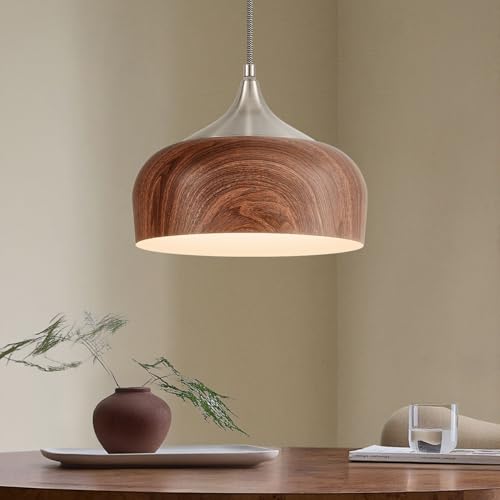 ELYONA Bauhaus Pendant Light Wooden Pattern Dome Pendant Light Fixture Brushed Nickel Metal Modern Adjustable Hanging Lighting for Kitchen Island Dining Room Office Hallway Foyer Bedroom, 12 Inch - color: Brushed Nickel & Wooden