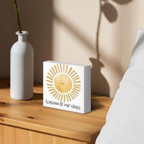 Boho Classroom Sunshine Wood Box Sign Desk Decor 5X5, Pop Smiles Rustic Welcome To Our Calss Wooden Sign Decorations for School Classroom Library Reading Nook Corner Wall Tabletop Shelf Decor - color: Colour 04, size: 5X5