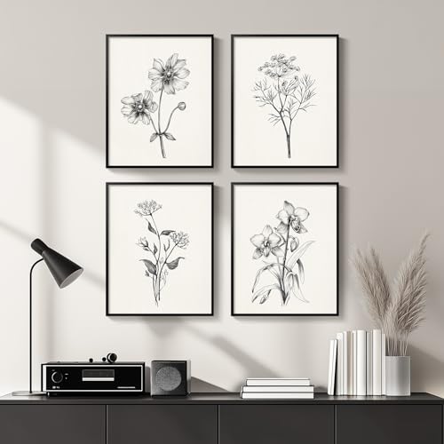Framed Black and White Floral Wall Art for Bedroom, 4 Piece Vintage Botanical Canvas Paintings Artwork for Modern Farmhouse, Minimalist Flower Pictures for Living Room Kitchen Bathroom Wall Decor - color: Sketch - Black Framed, size: 11" W x 14" H x 4pcs