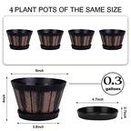 Quarut 6 inch Brown Barrel Planters with Drainage Holes & Saucer, Set of 4, Indoor & Outdoor Garden Home Plants - size: 6 inches