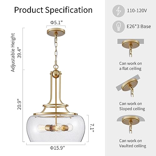 WUZUPS Chandelier Rustic Farmhouse Industrial Round Ceiling Pendant LED Light Fixture Clear Seeded Glass Shade for Dining Room Kitchen Island Foyer Entryway, H 20.9" x W 15.9", Gold - color: Pendant Light, Gold, 3-Light, size: H 20.9" * W 15.9"