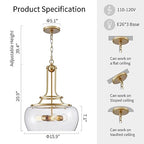 WUZUPS Chandelier Rustic Farmhouse Industrial Round Ceiling Pendant LED Light Fixture Clear Seeded Glass Shade for Dining Room Kitchen Island Foyer Entryway, H 20.9" x W 15.9", Gold - color: Pendant Light, Gold, 3-Light, size: H 20.9" * W 15.9"