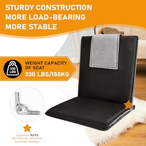 Floor Chair with Back Support 14-Position Adjustable Floor Chair Portable Ground Seating for Adults & Kids Foldable Meditation Seat with Japanese KOYO Bearings & Washable Linen Cover (Black) - color: Black & Grey, style: Regular