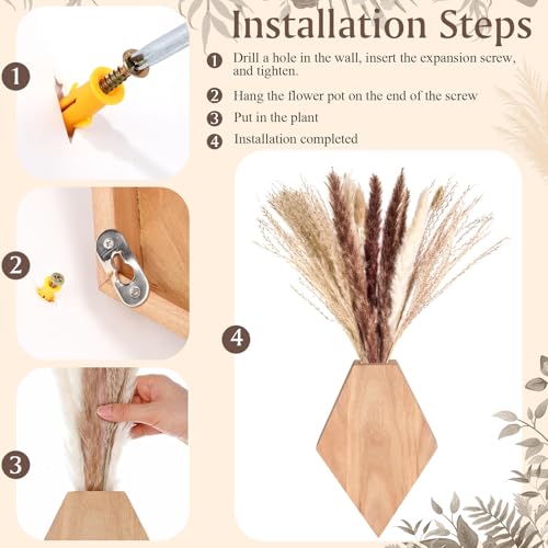 2 Pcs Bohemian Wooden Wall Planter Set with Pampas Grass Modern Farmhouse Wall Decor for Living Room, Bathroom, Bedroom, Office(Original Wood Color,Regular Style) - color: Original Wood Color, style: Regular Style
