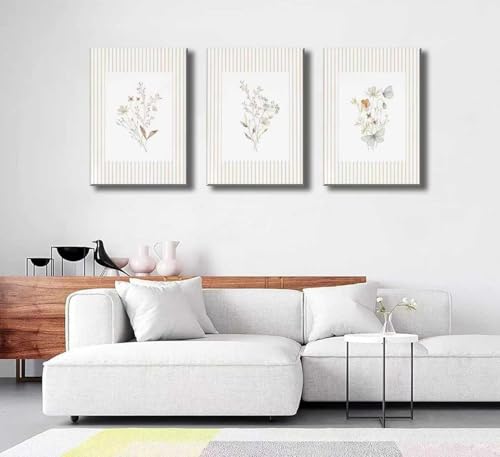 3Psc Striped Floral Canvas Wall Art Neutral Minimalist Flower Painting Picture Wall Decor Boho Vintage Wildflower Poster Print Artwork for Living Room Bathroom Home Decoration12x16 Inch - color: White retro flowers, size: 16"L x 12"W