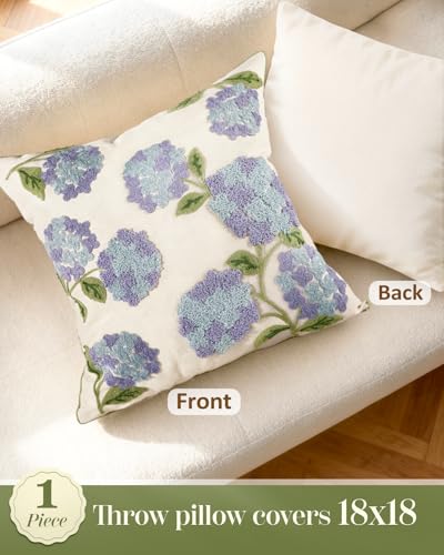 Embroidered Throw Pillow Cover - 18x18 Decorative Pillow Cover with Zipper Aesthetic Cute Design Boho Spring Summer Cozy Throw Pillowcase for Living Room Couch Sofa Bed, Blue Hydrangea - color: Blue-hydrangea, size: 18" x 18" (Pack of 1)