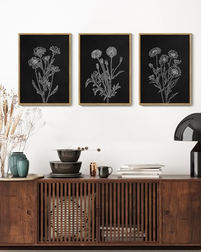 Drsoum Black White Flower Wall Art Vintage Minimalist Floral Wall Hanging Decor Botanical Prints Artwork for Office Dining Room Hallway 11x14in Natural Framed - color: White Flower, size: 11x14in, Natural Framed